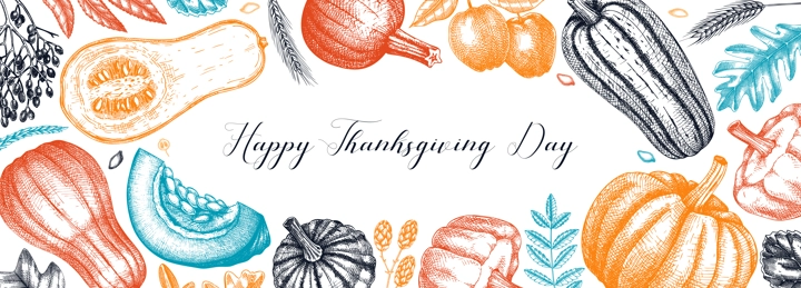 Thanksgiving background. Pumpkins sketches in color. Autumn plants and fruit drawings. Vector vegetables, butternut squash, marrow, pumpkin sketches. Fall banner design. Harvest festival.
